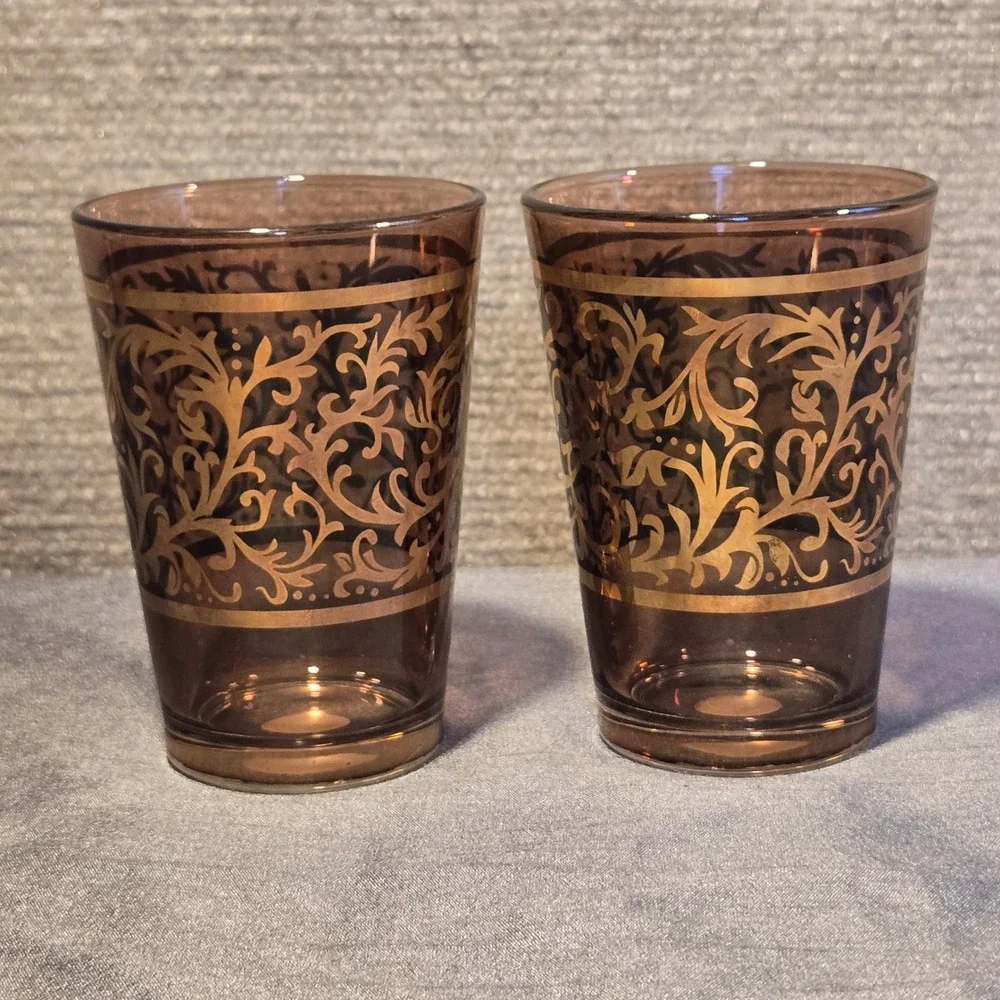 Timon Glass Italy Vintage Gold Filigree Juice Glasses Set of‎ 2 Hand Decorated